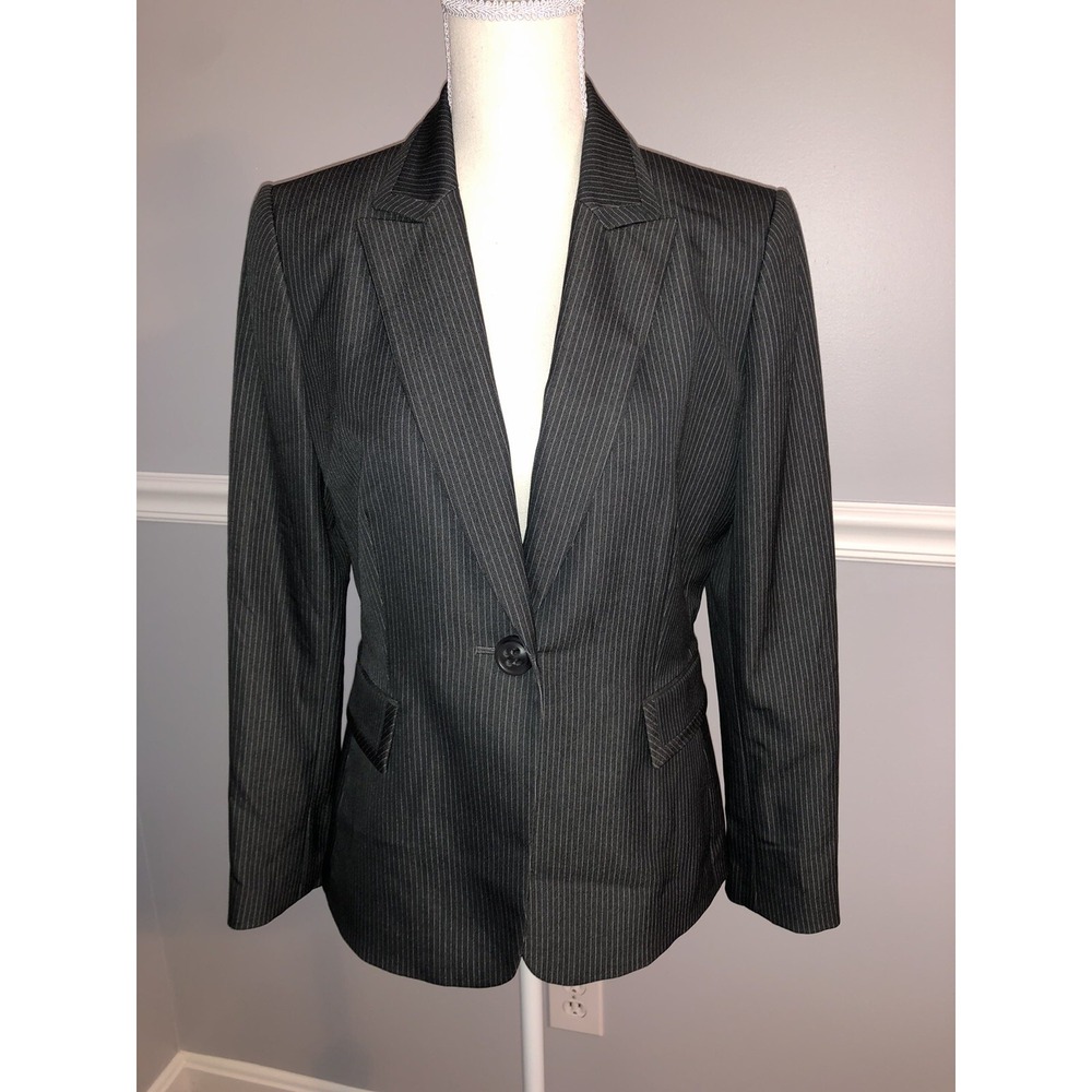 Tahari Levine Suit Jacket Blazer Women's Size 6 Striped Dark Gray Notched Lapel
